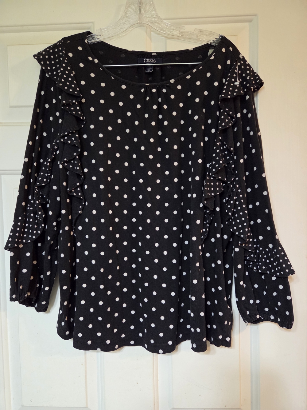 Chaps Black & White Polka Dot Ruffle Blouse